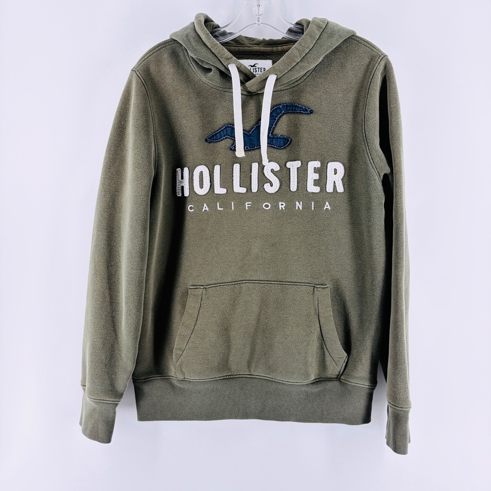 Hollister Hoodie Mens S Green Logo Fleece Pullover Embroidered Patch Y2K Sweater